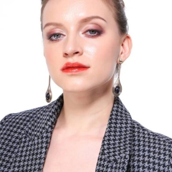 Blue Resin Rhinestone Vintage Gold Drop Dangle Statement Earrings - Picture 3 of 10